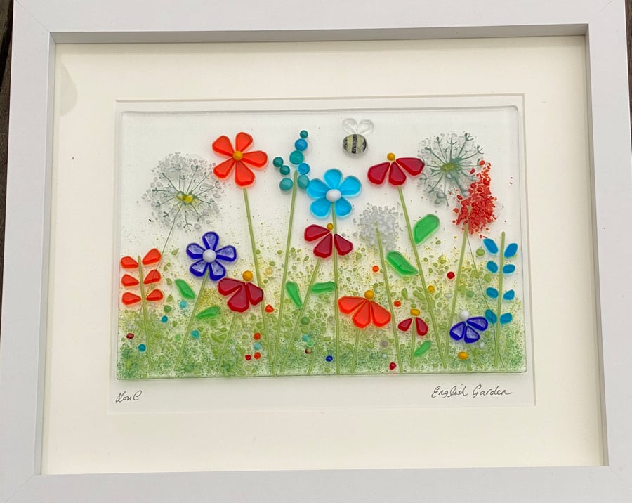 English garden fused glass picture, glass art, flowers picture