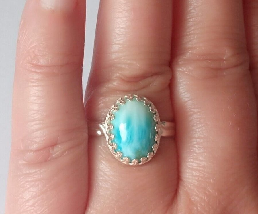 Ring Sterling Silver Jewellery Gift Adjustable Ocean Blue Larimar Gemstone