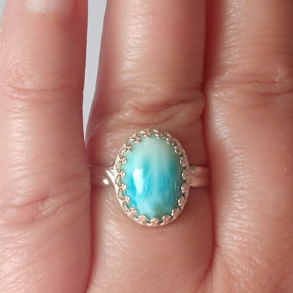 Ring Sterling Silver Jewellery Gift Adjustable Ocean Blue Larimar Gemstone