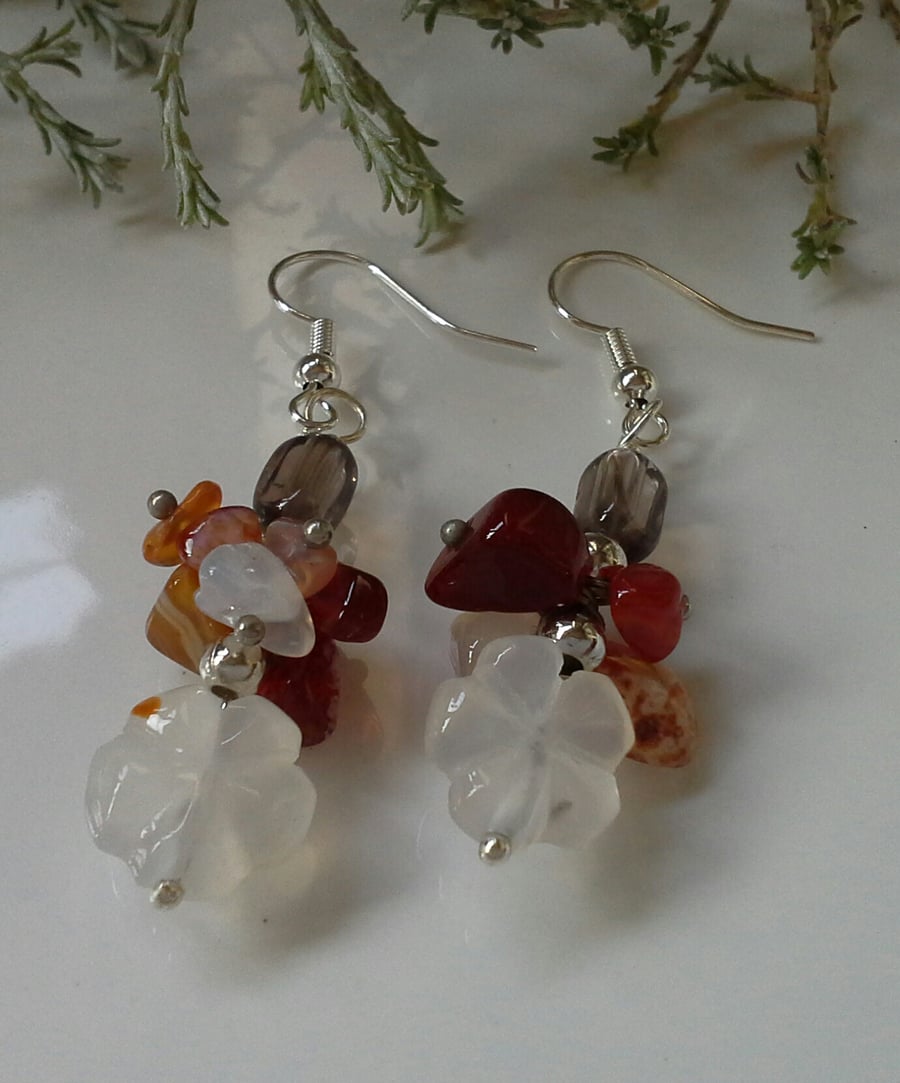 Designer Cluster Canelian & Smokey Quartz Flower Earrings Silver Plated