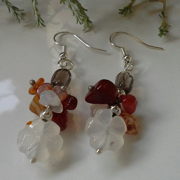 Canelian & Smokey Quartz Flower Cluster Earrings Silver Plated