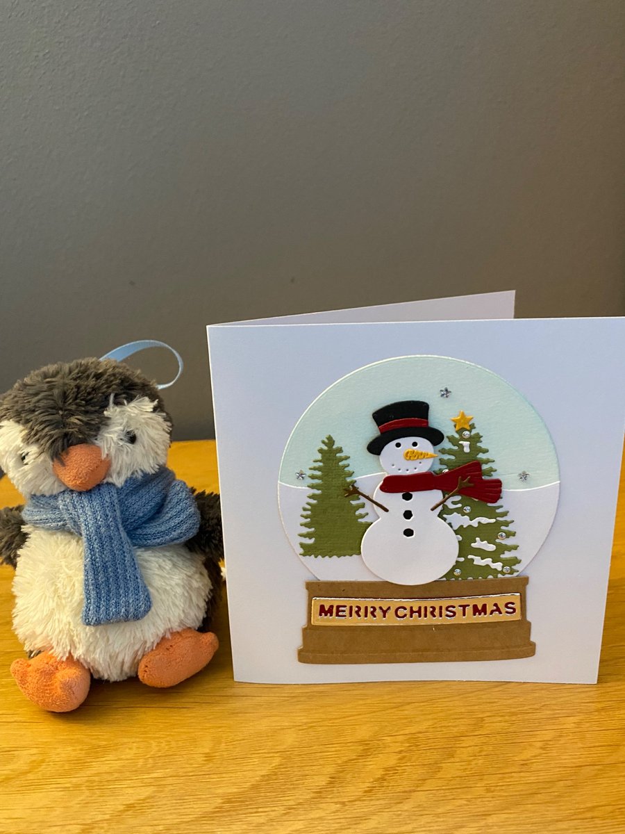 Handmade Christmas Card – Merry Christmas Snowman Snow Globe Card