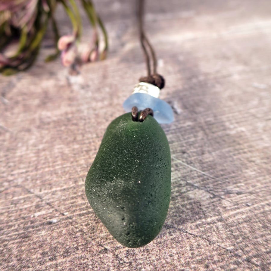 Green and Blue Sea Glass Pendant, Unisex Coastal Necklace on Cotton Cord