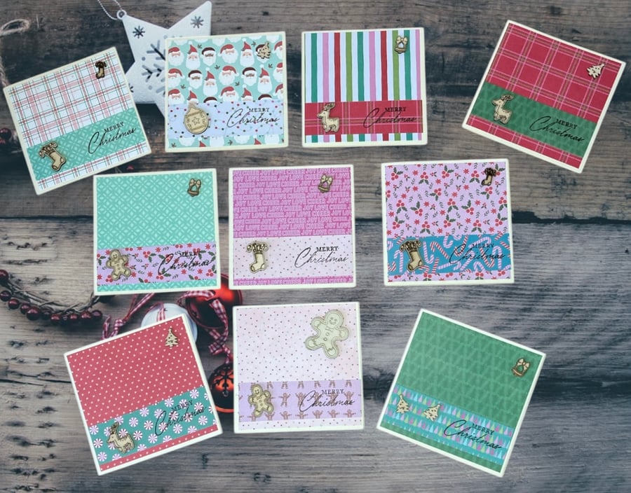Christmas Cards. Set of ten assorted Christmas cards with wooden charms.