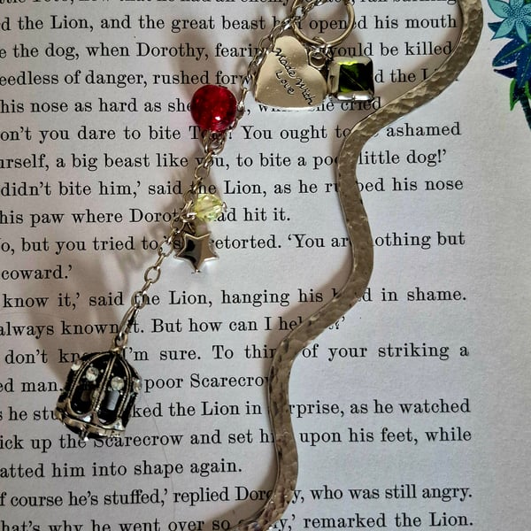 Unique metal bookmark with bird in cage charm