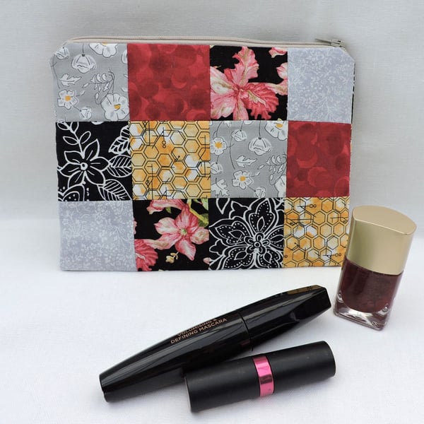 Patchwork Make Up Bag  Zipped Pouch  Red Black Yellow Grey White