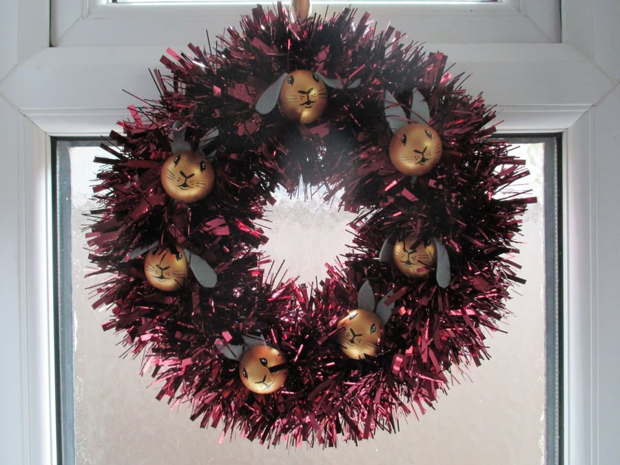 Christmas Wreath Tinsel with Bunny Rabbit Hand Painted Bauble Heads Maroon Gold