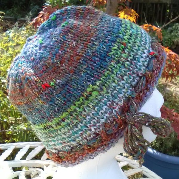 Handknit Noro cotton silk & wool hat Late Summer multi stripes Medium