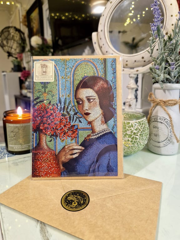 Fine Art Greeting Card "Agatha." Lady in blue with wee touches of glitter 