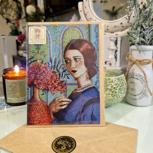 Fine Art Greeting Card "Agatha." Lady in blue with wee touches of glitter 