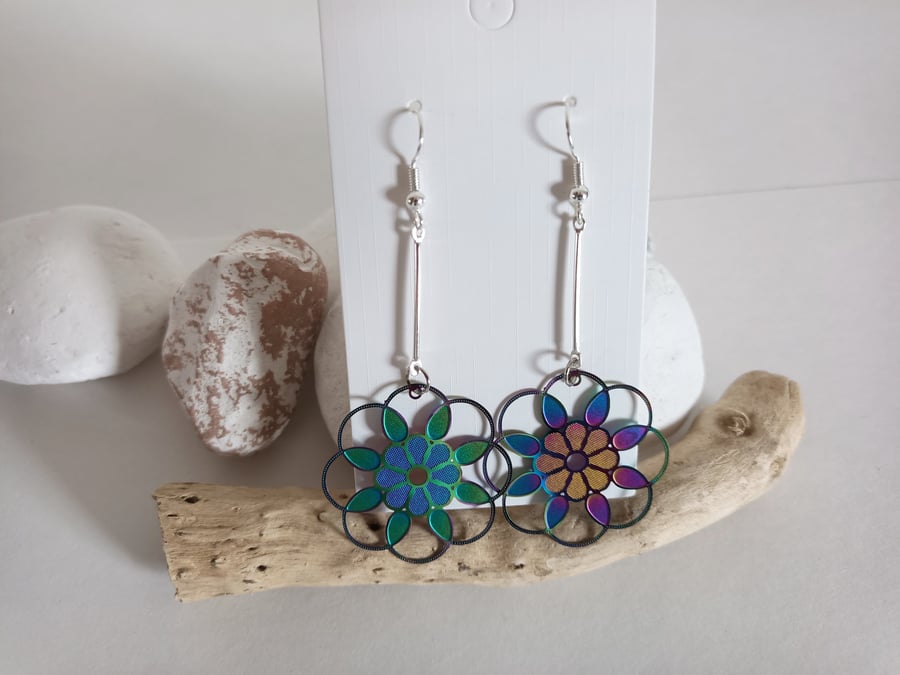 Multicolour Stainless Steel Etched Metal Flower Earrings