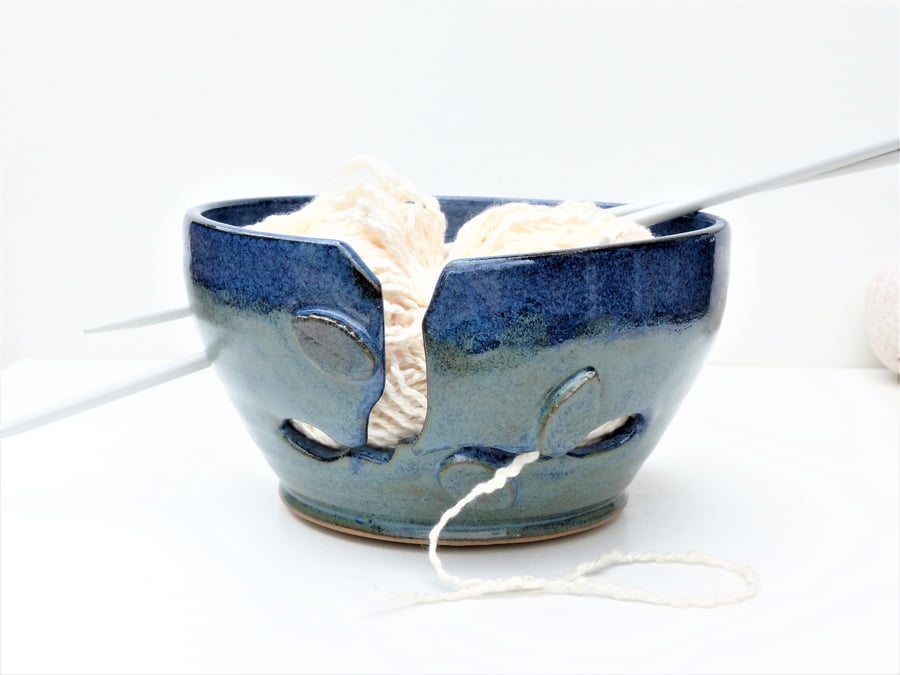 Yarn - Knitting Bowl Ceramic Pottery Handthrown Blue Green UK