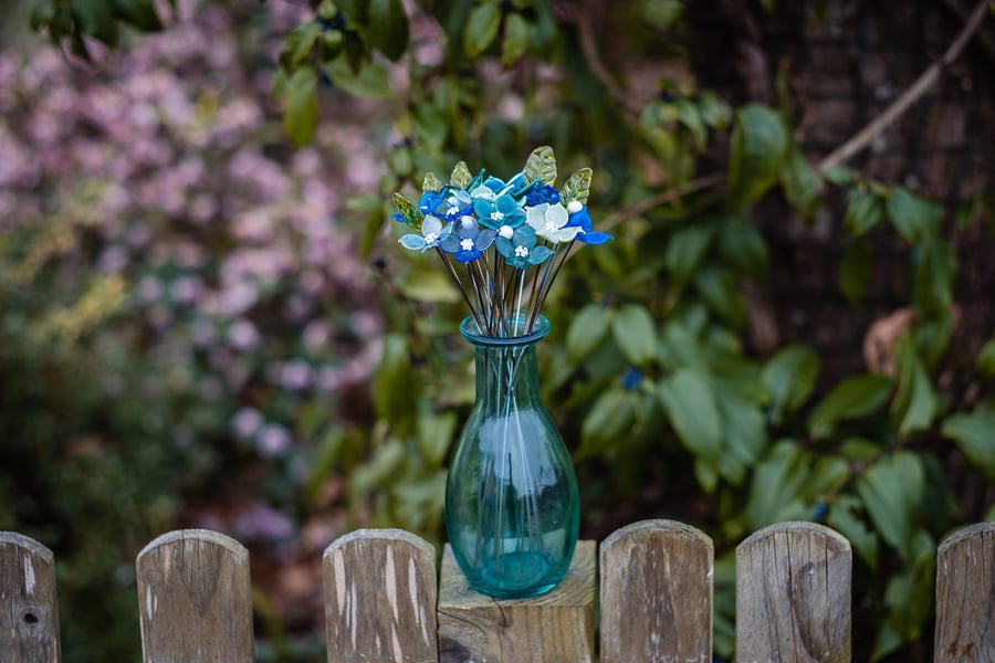 Ocean Inspired Hydrangea Bouquet in Recycled Glass Vase - Handcrafted Flower Bou
