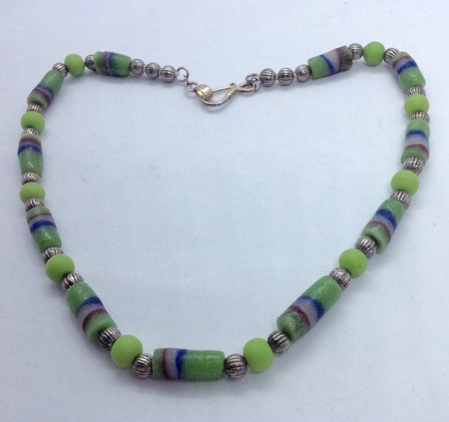 Green and silver necklace with West African recycled glass beads.