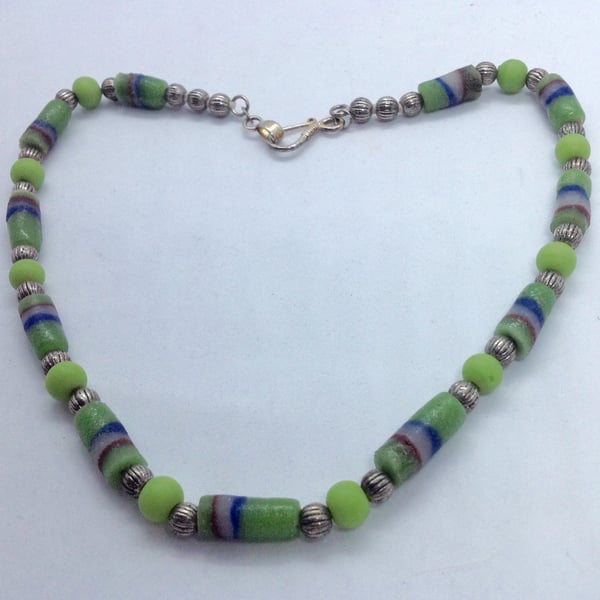 Green and silver necklace with West African recycled glass beads.