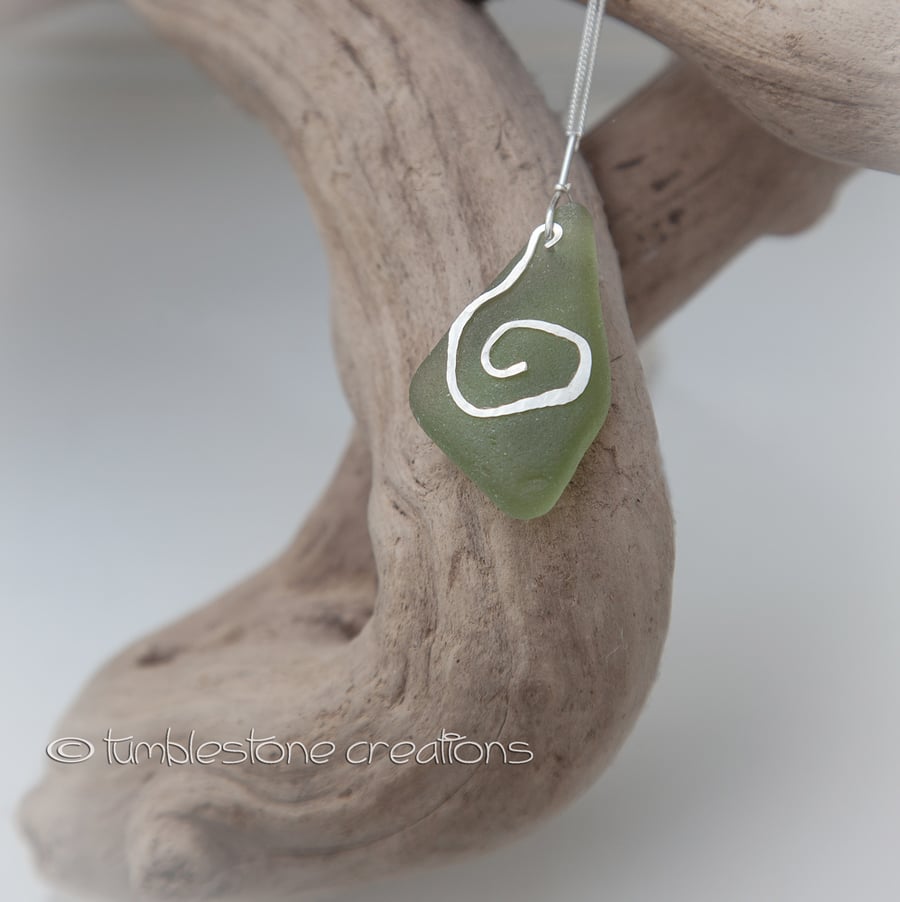 Welsh Sea Glass Pendant with hammered Sterling silver swirl detail