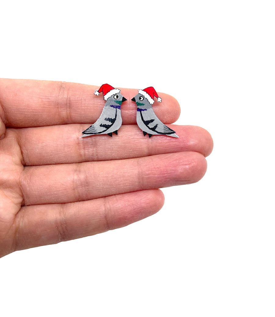 Christmas Pigeon Stud Earrings - Handmade