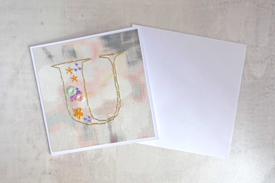 SALE Hand Stitched Alphabet Card, Initial U Card, Embroidered Letter Card