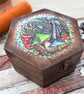 Rustic shroom dragon pyrography wooden box, hexagonal jewellery box. - Image 2