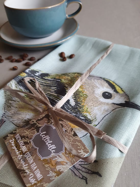 Goldcrest printed tea towel, organic cotton