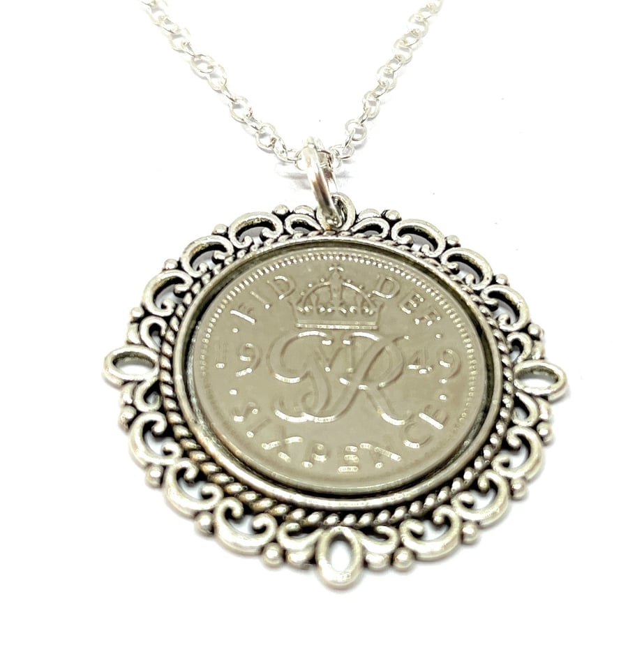 Fancy Pendant 1949 Lucky sixpence 75th Birthday plus a Sterling Silver 18in Chai