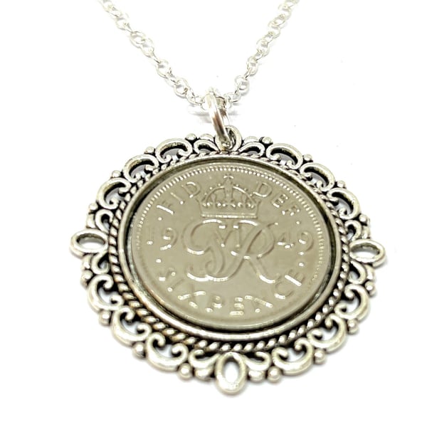 Fancy Pendant 1949 Lucky sixpence 75th Birthday plus a Sterling Silver 18in Chai