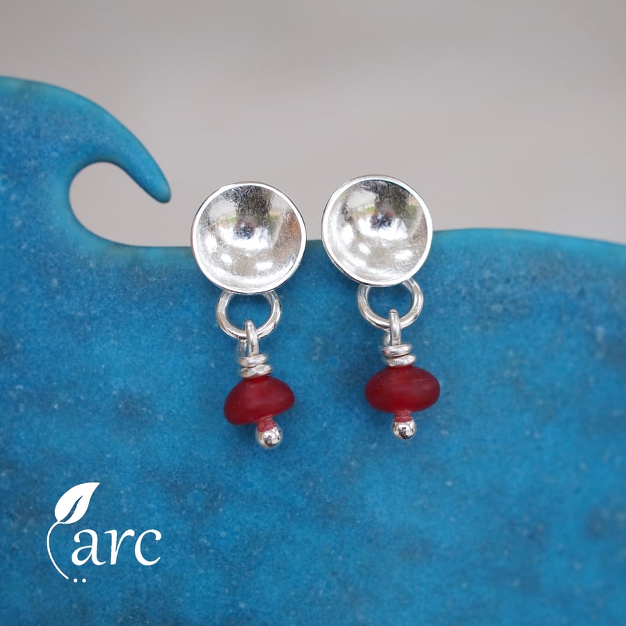 Silver Stud Earrings, Red Jade Studs