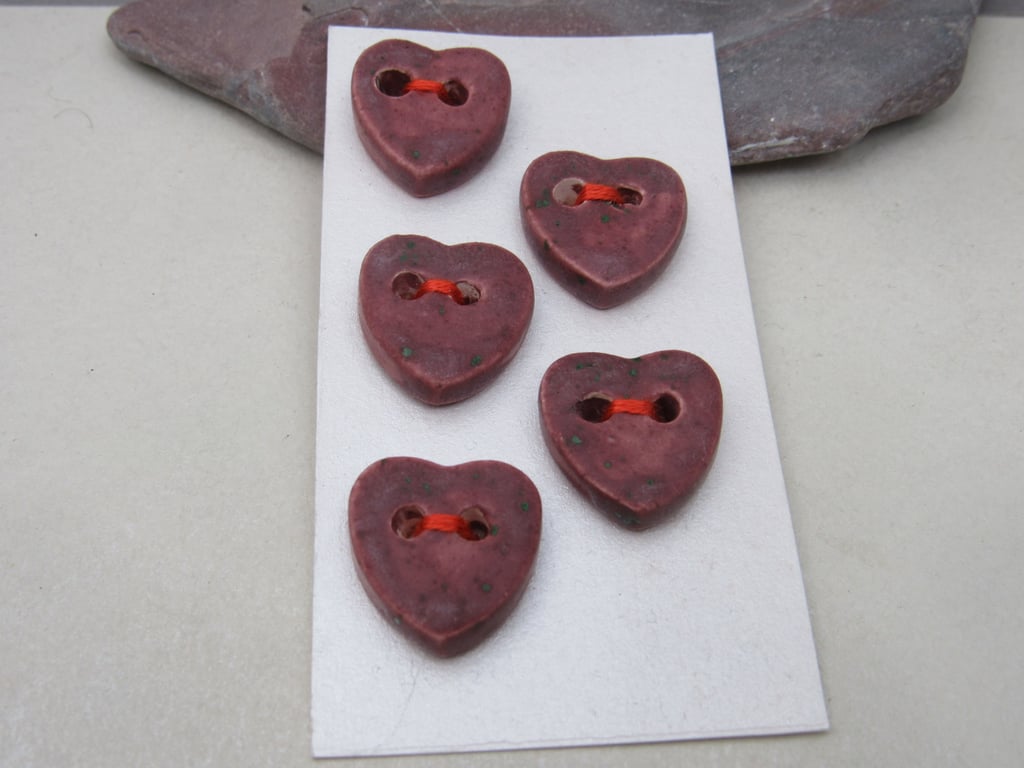 5 Small Heart Shaped Speckled Damson Purple Ceramic Buttons