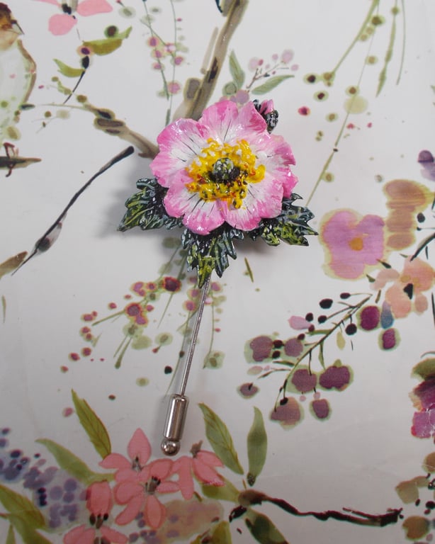 DELICATE PINK WILD DOG ROSE PIN Wedding Lapel Flower Brooch HANDMADE HANDPAINTED