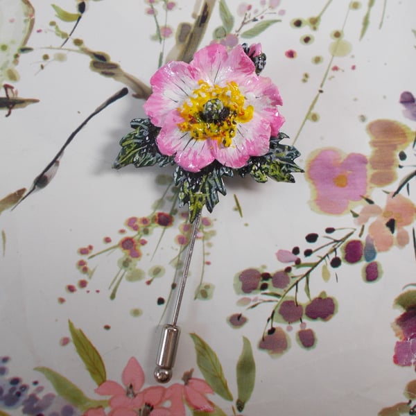 DELICATE PINK WILD DOG ROSE PIN Wedding Lapel Flower Brooch HANDMADE HANDPAINTED