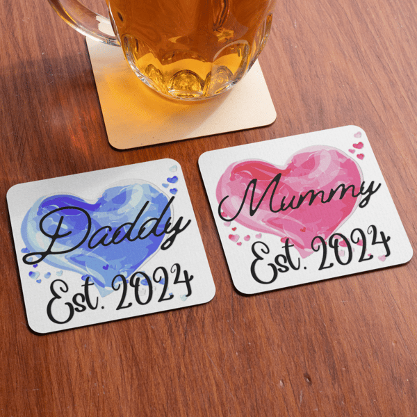 Mummy And Daddy Set Of Two Coasters New Parents 2024 Coaster Set Gift Cute Baby 