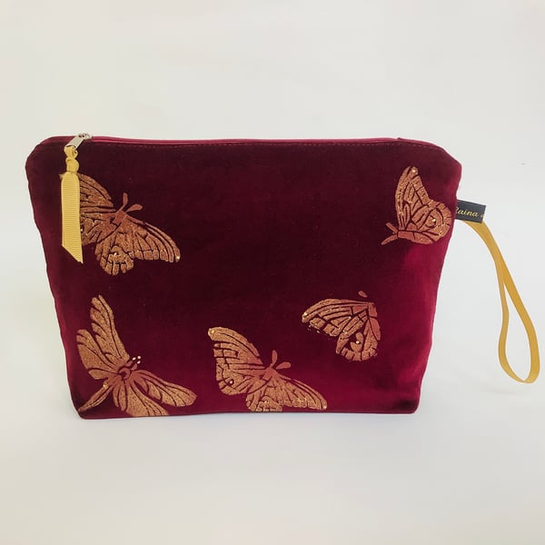 Wine velvet Butterfly and Dragonfly Makeup Bag