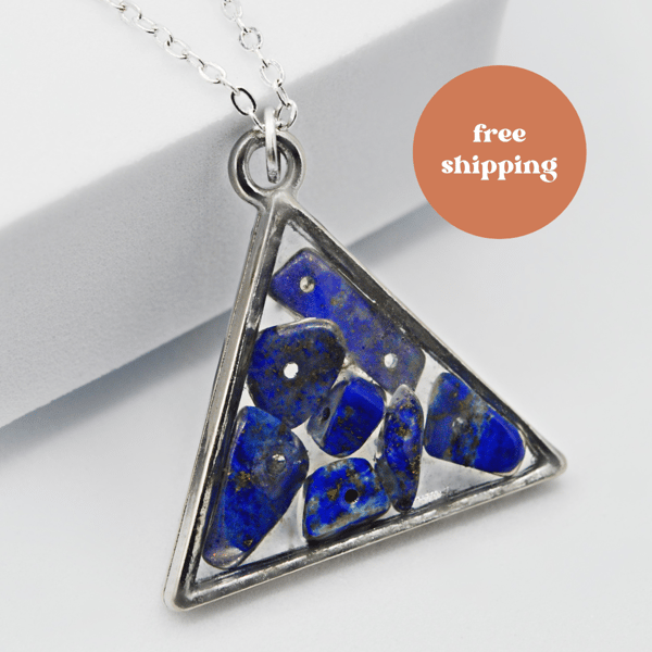 Lapis Lazuli Silver plated Triangle Worry Stone Necklace - Free Postage