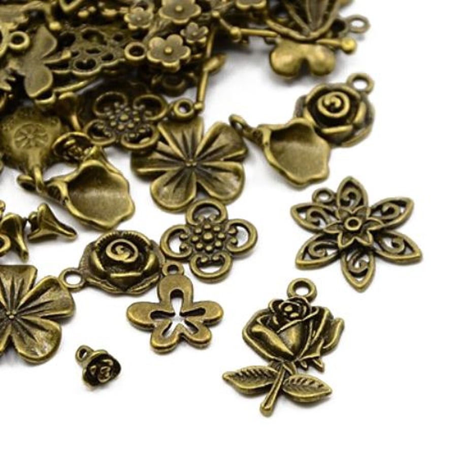 Tibetan Silver Flower Charms - Antique Bronze, 5-40mm - Mixed Pack of 30g - Dura