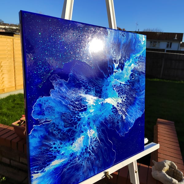 40x40cm Original Abstract Blue Wave Acrylic Pour Painting Fluid Art on Canvas