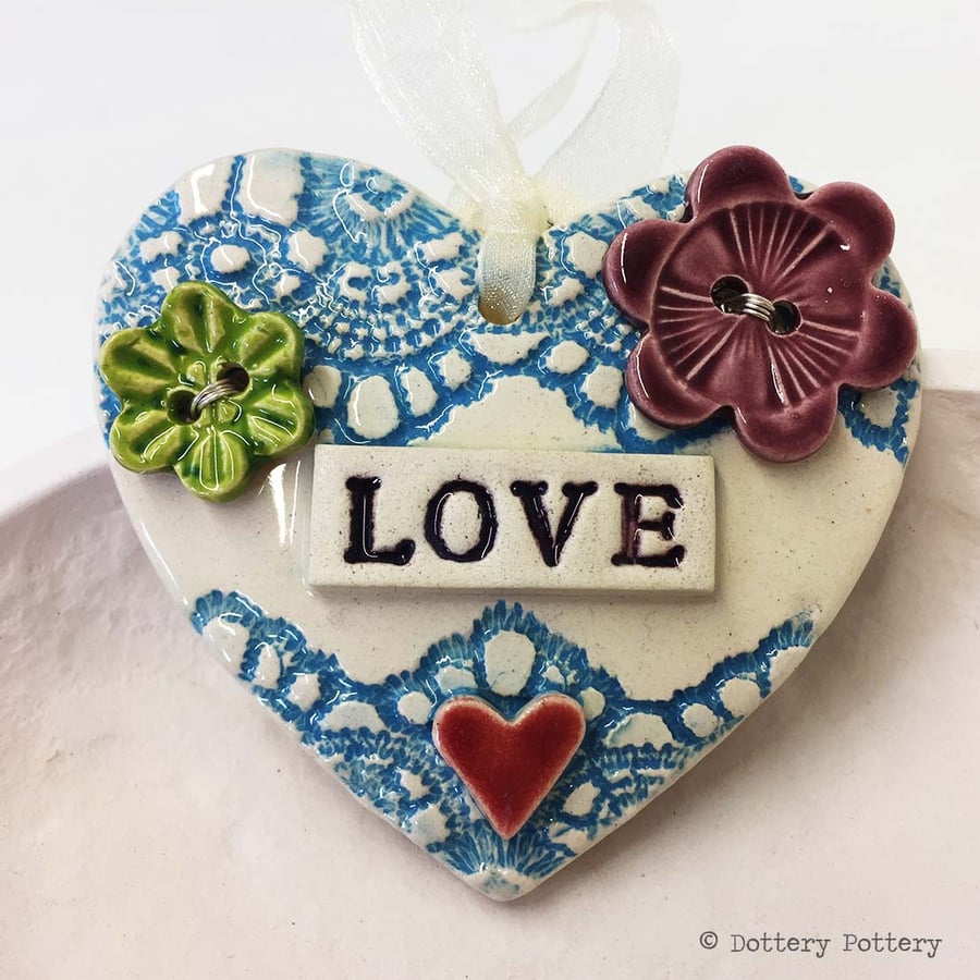 Pottery decoration Love Heart Ceramic lace pattern flower button  Valentines