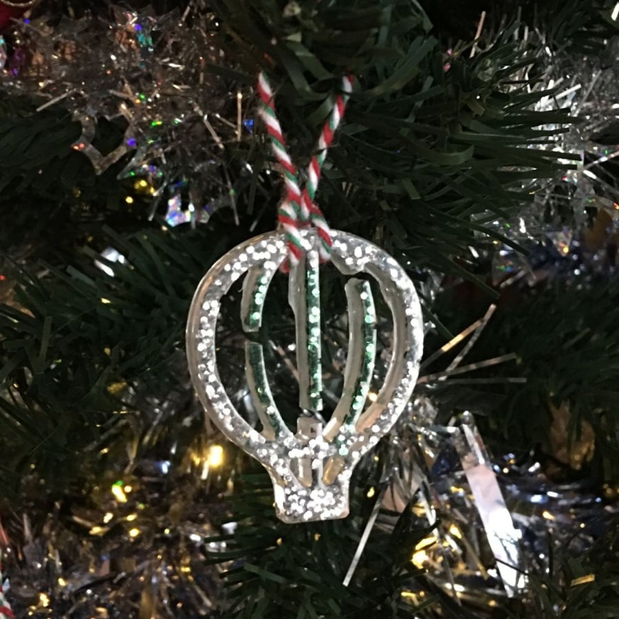 Hot air balloon Christmas tree decoration silver and green glitter
