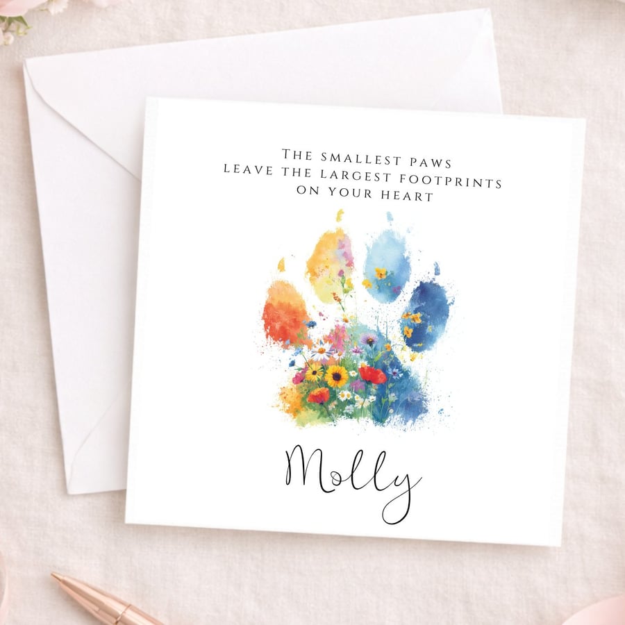 Pet loss sympathy card for dog - floral paw print - card with name 