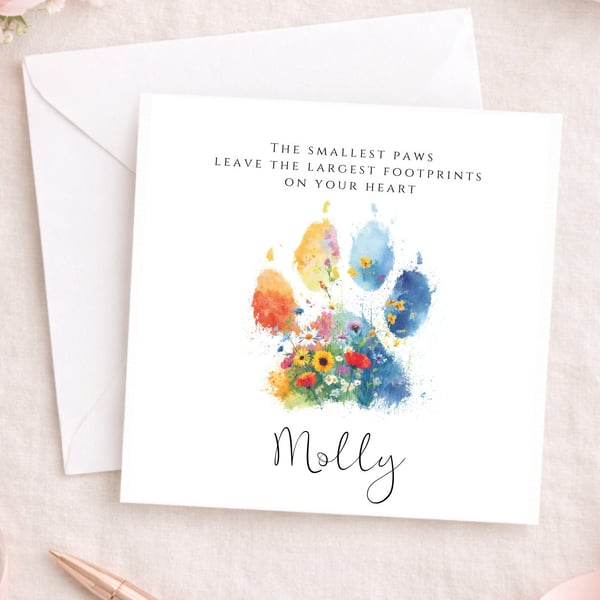 Pet loss sympathy card for dog - floral paw print - card with name 