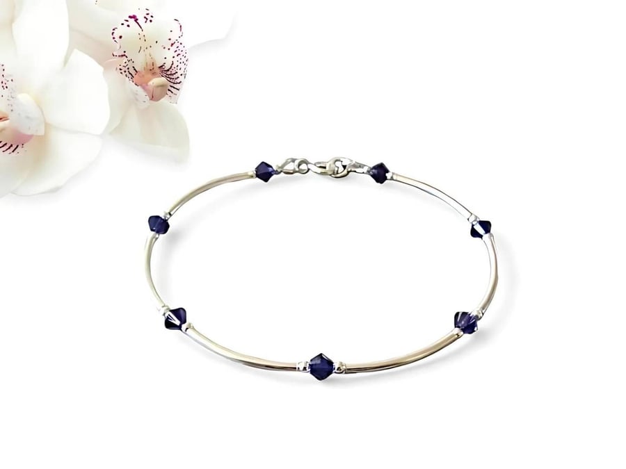 Premium Dark Purple Crystals & Sterling Silver Slim Bangle Bracelet