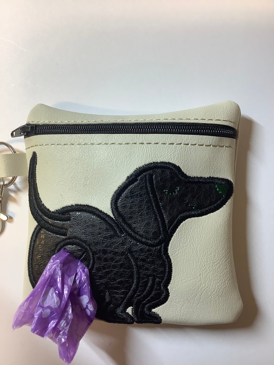 Lovely  Dachshund  Embroidered cream faux leather dog poo bag ,dog walking,