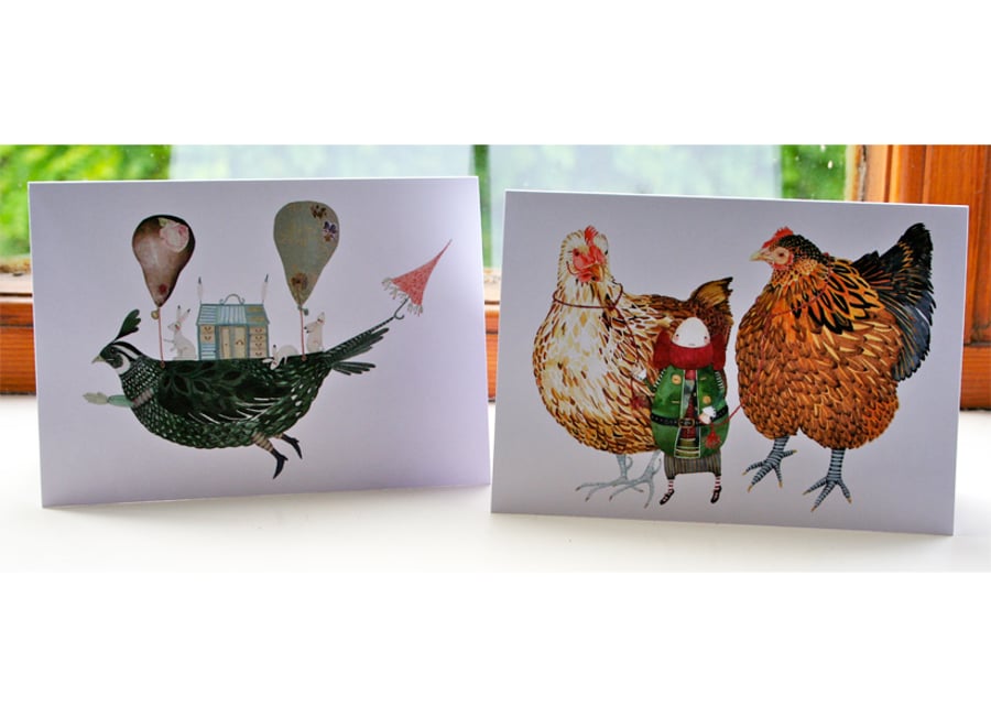 Bird Greeting cards Pair of cards with Partridge Ship and Two Chickens with Ed 