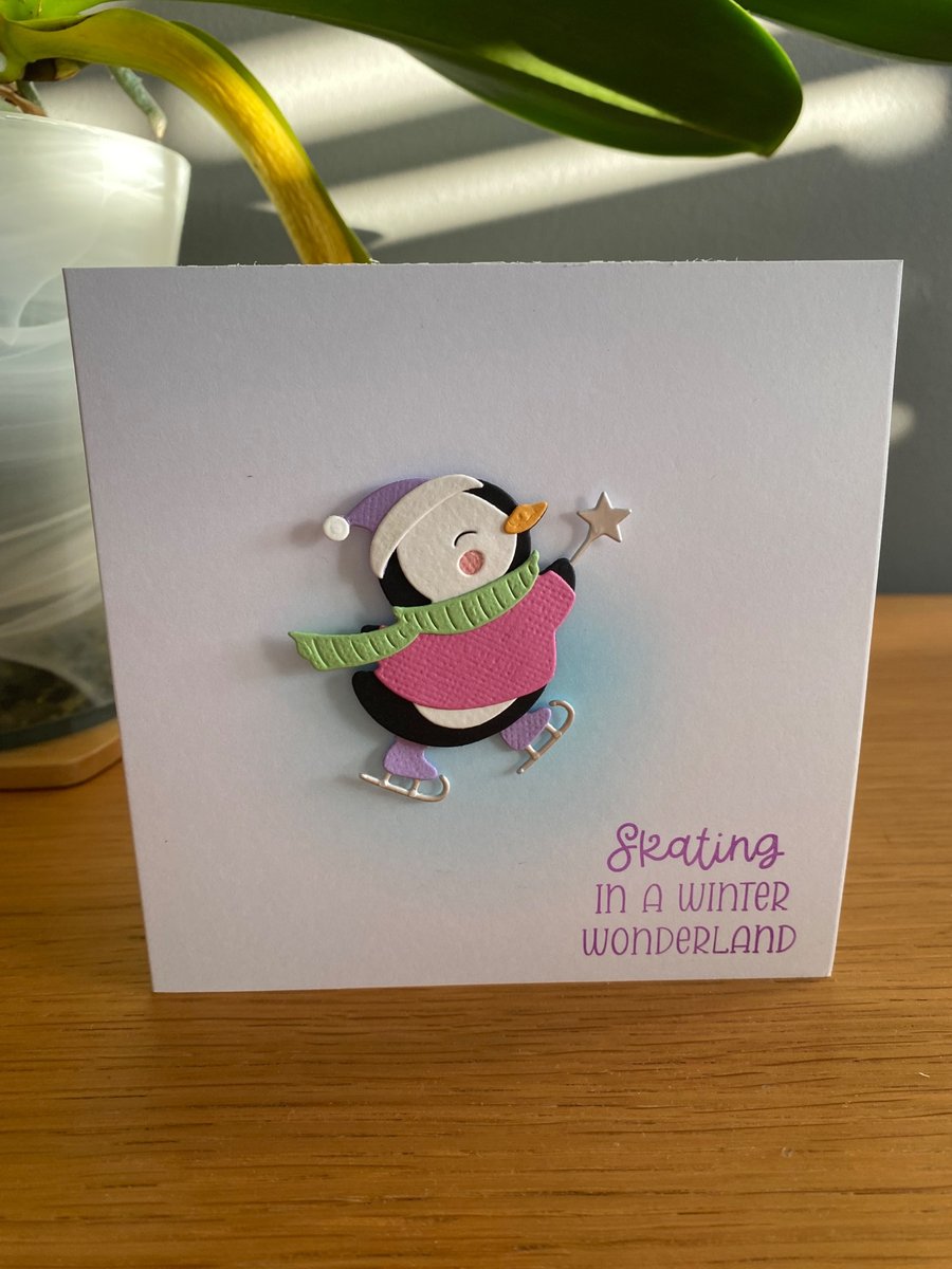 Handmade Christmas Card – Skating Penguin 