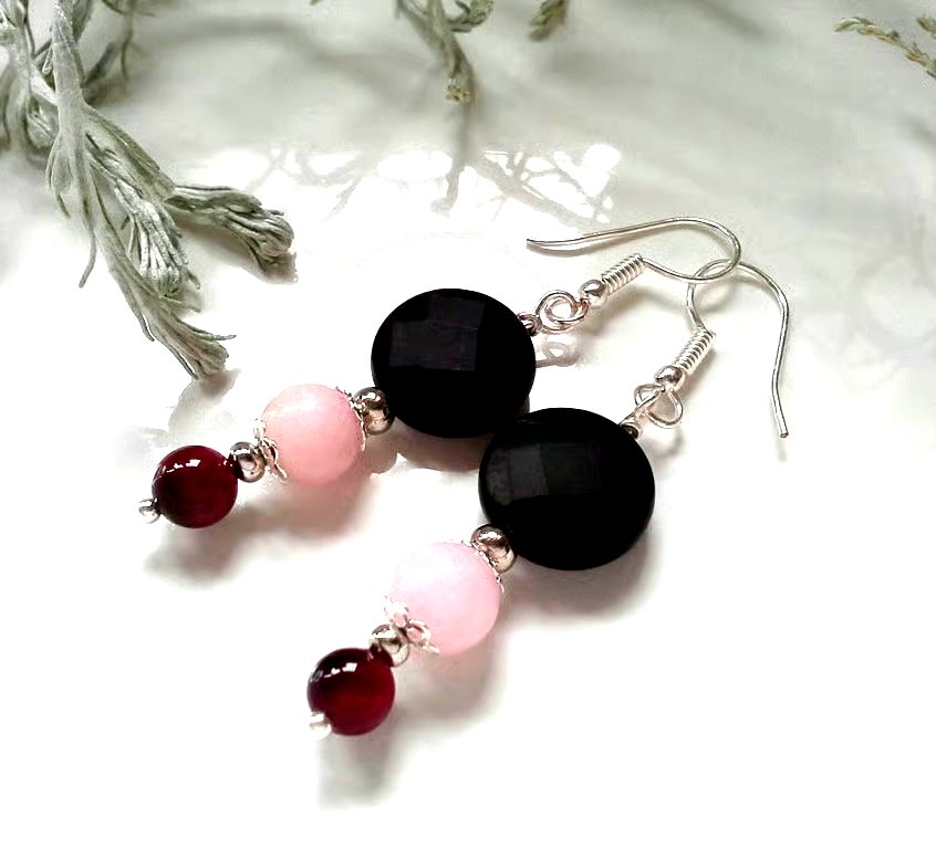 Black Faceted Onyx, Red Tiger's Eye & Pink Quartzite Silver Plated Earrings