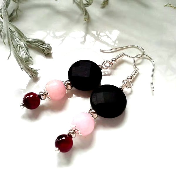 Black Faceted Onyx, Red Tiger's Eye & Pink Quartzite Silver Plated Earrings