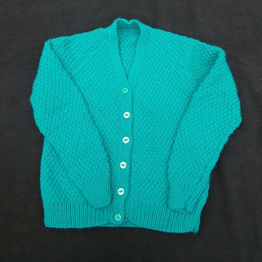 Hand knitted girls or boys green cardigan to fit 26 inch chest 6 years 