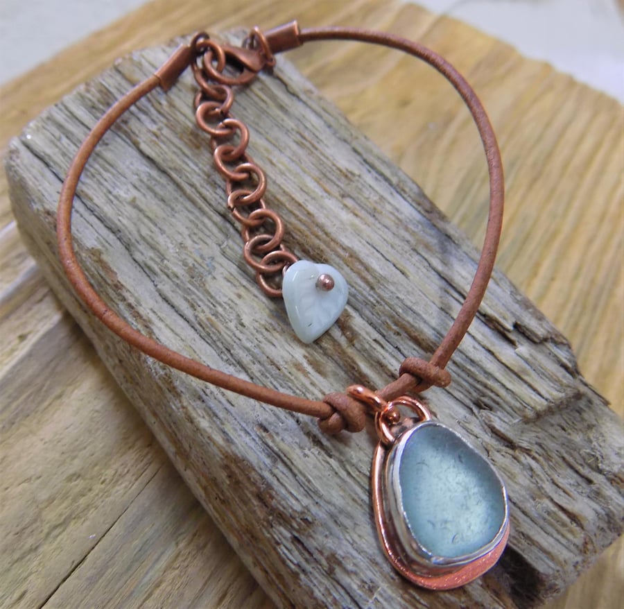 Simple copper and silver  bezel set sea glass charm bracelet 