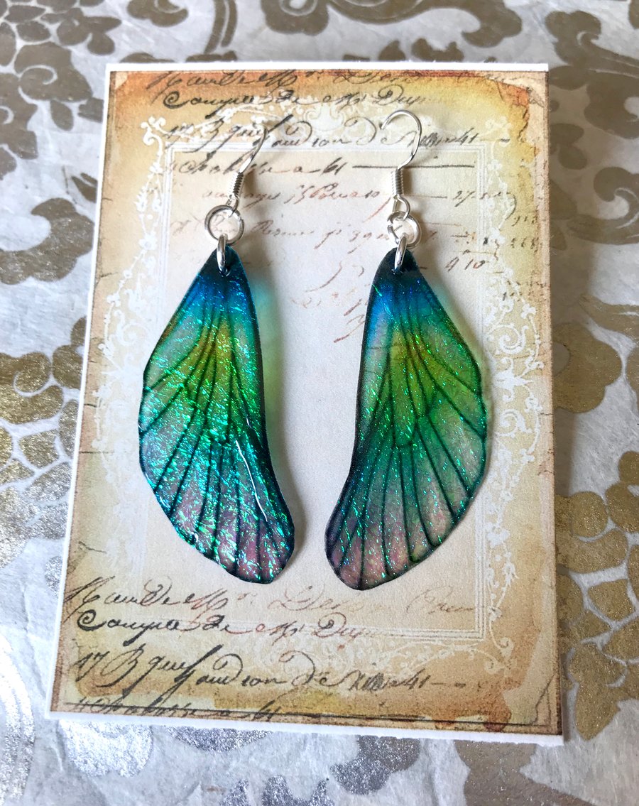 Iridescent Blue and Green Fairy Wing Sterling Silver Earrings