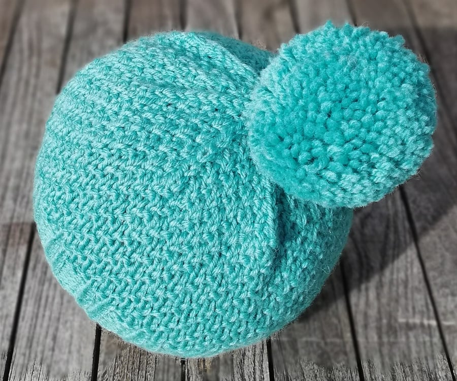 Turquoise Wool, Bobble Hat. Child - Small Adult