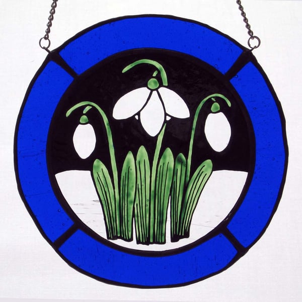 Snowdrop Stained Glass Roundel - Royal Blue Surround